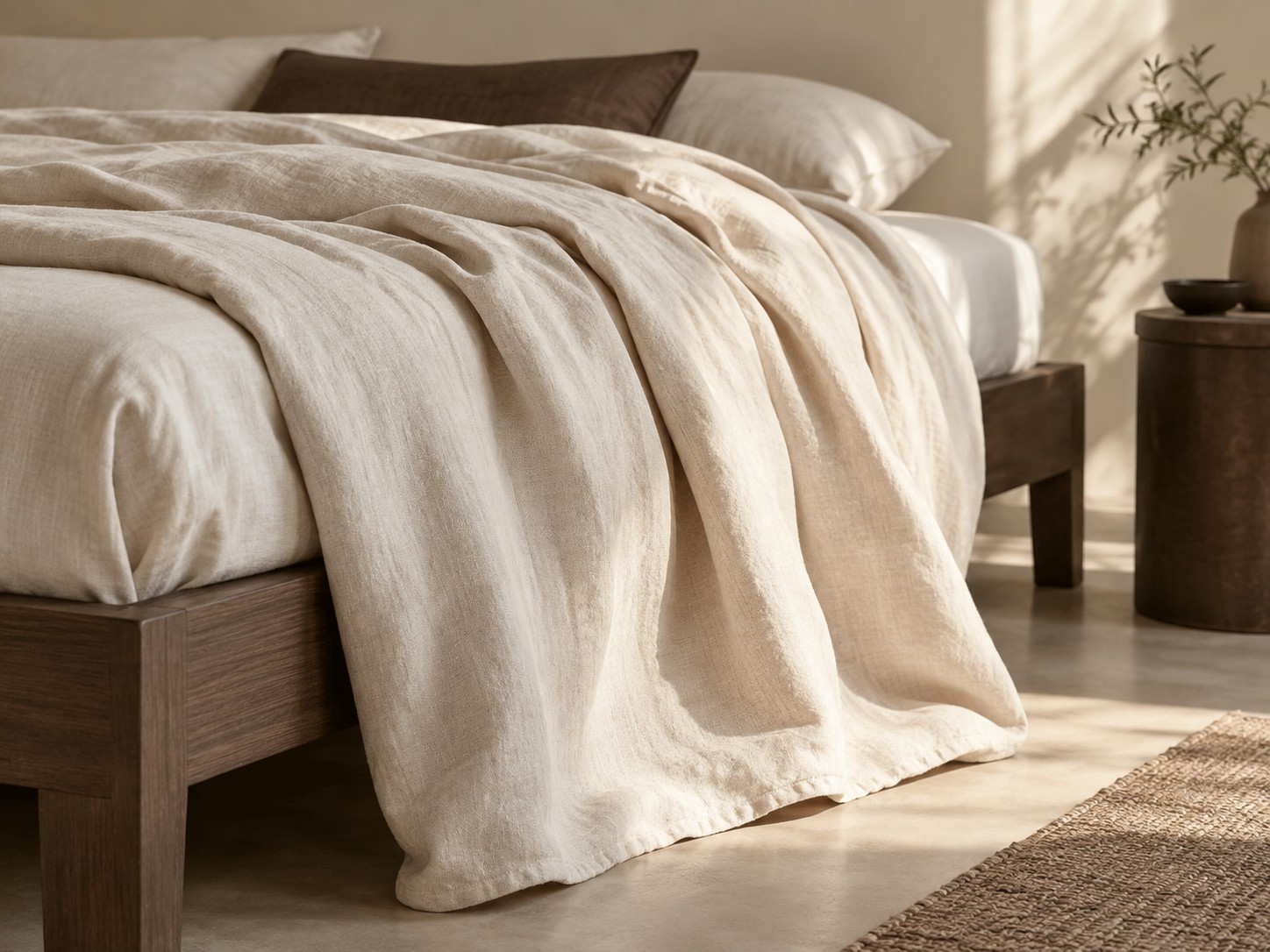 Ropa de cama beige con luz natural.
