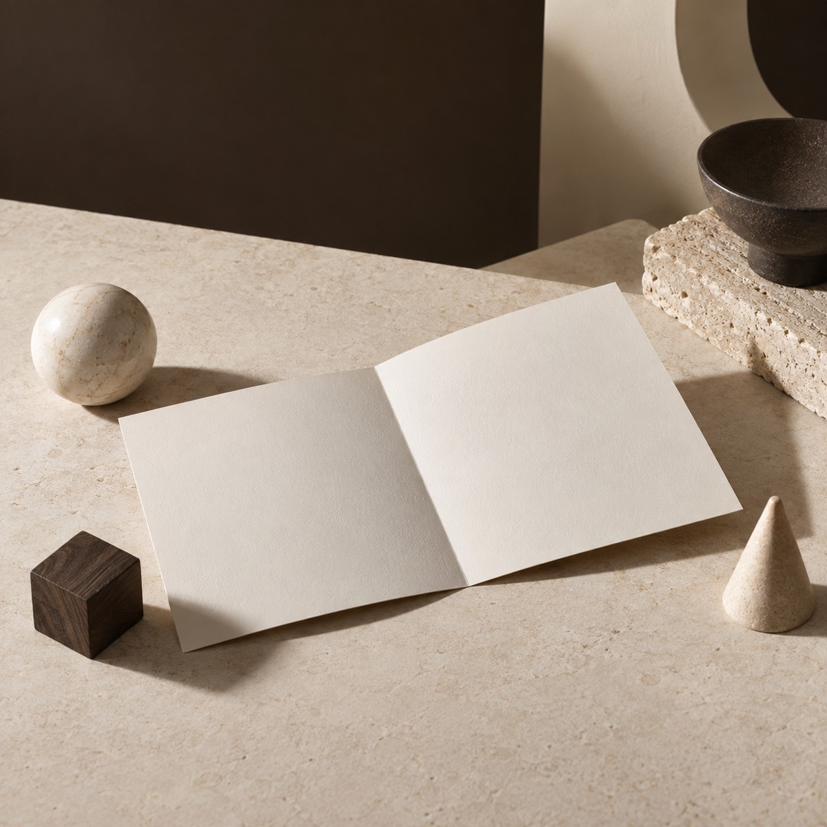 Blank folded paper with small geometric objects.