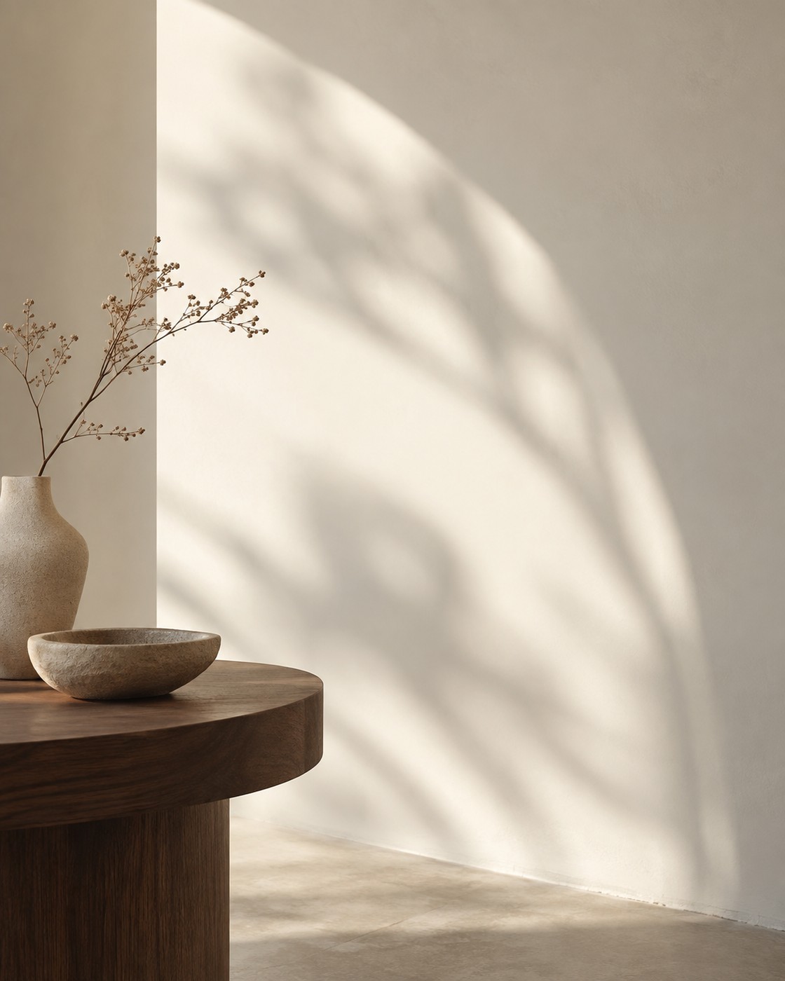 Soft arch-shaped shadows on a cream wall beside a wooden tabletop.