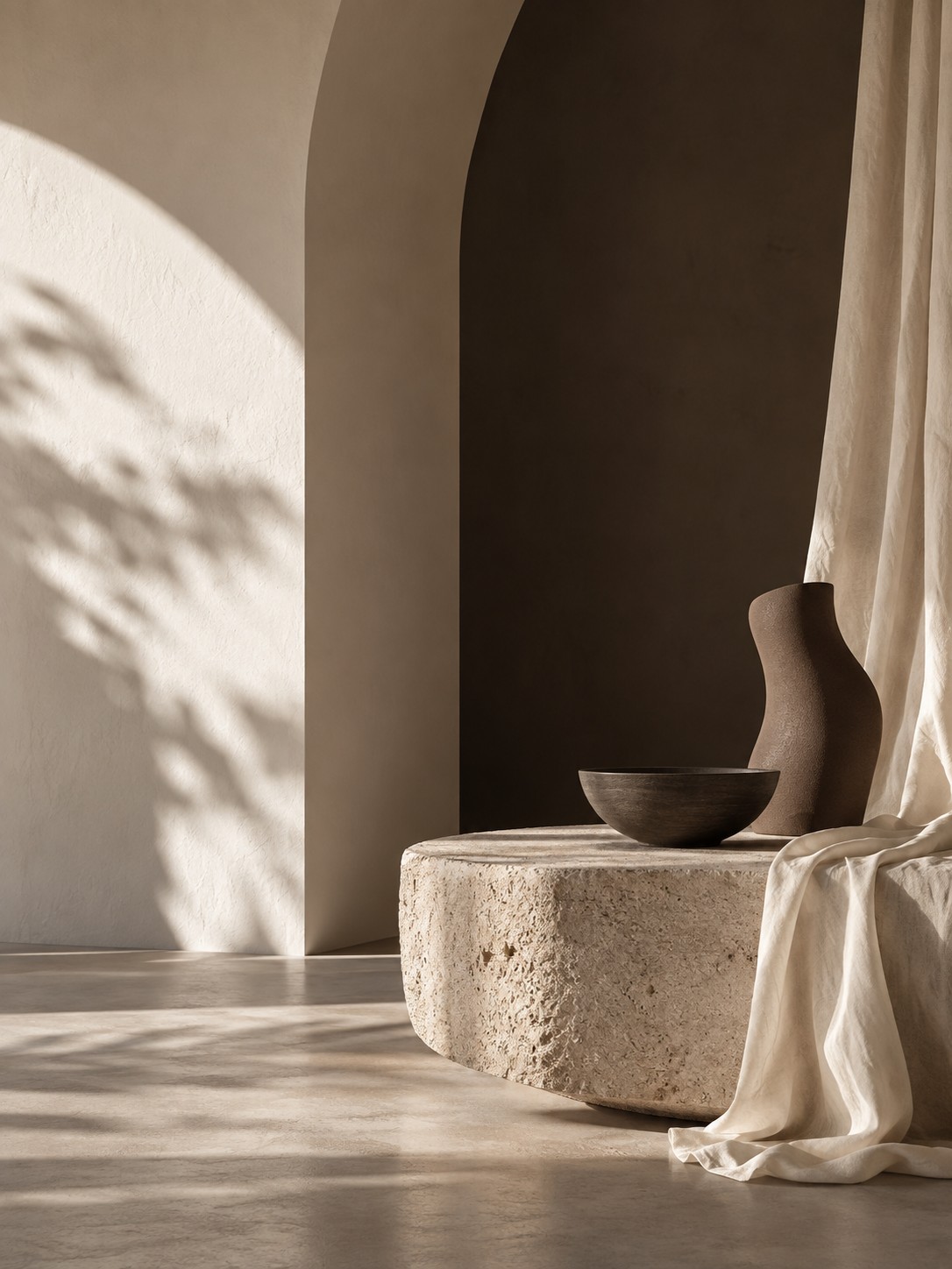 Soft daylight on plaster arches, a stone surface and draped fabric.