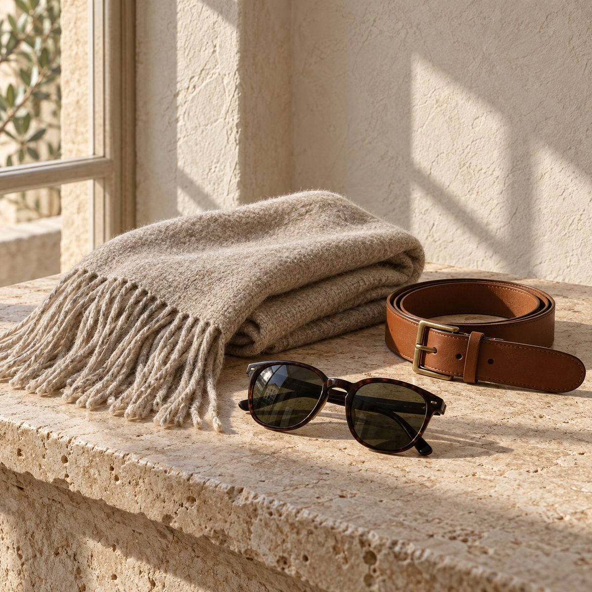 A fringed scarf, belt and sunglasses on limestone.