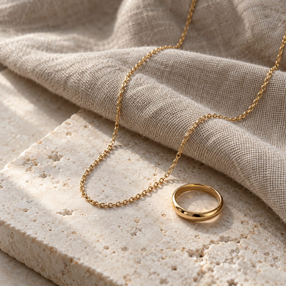 A gold chain and ring on limestone and linen.