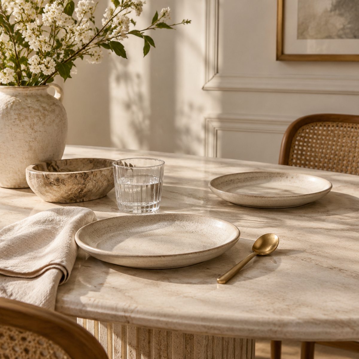 Stone-toned dinnerware on a limestone table.