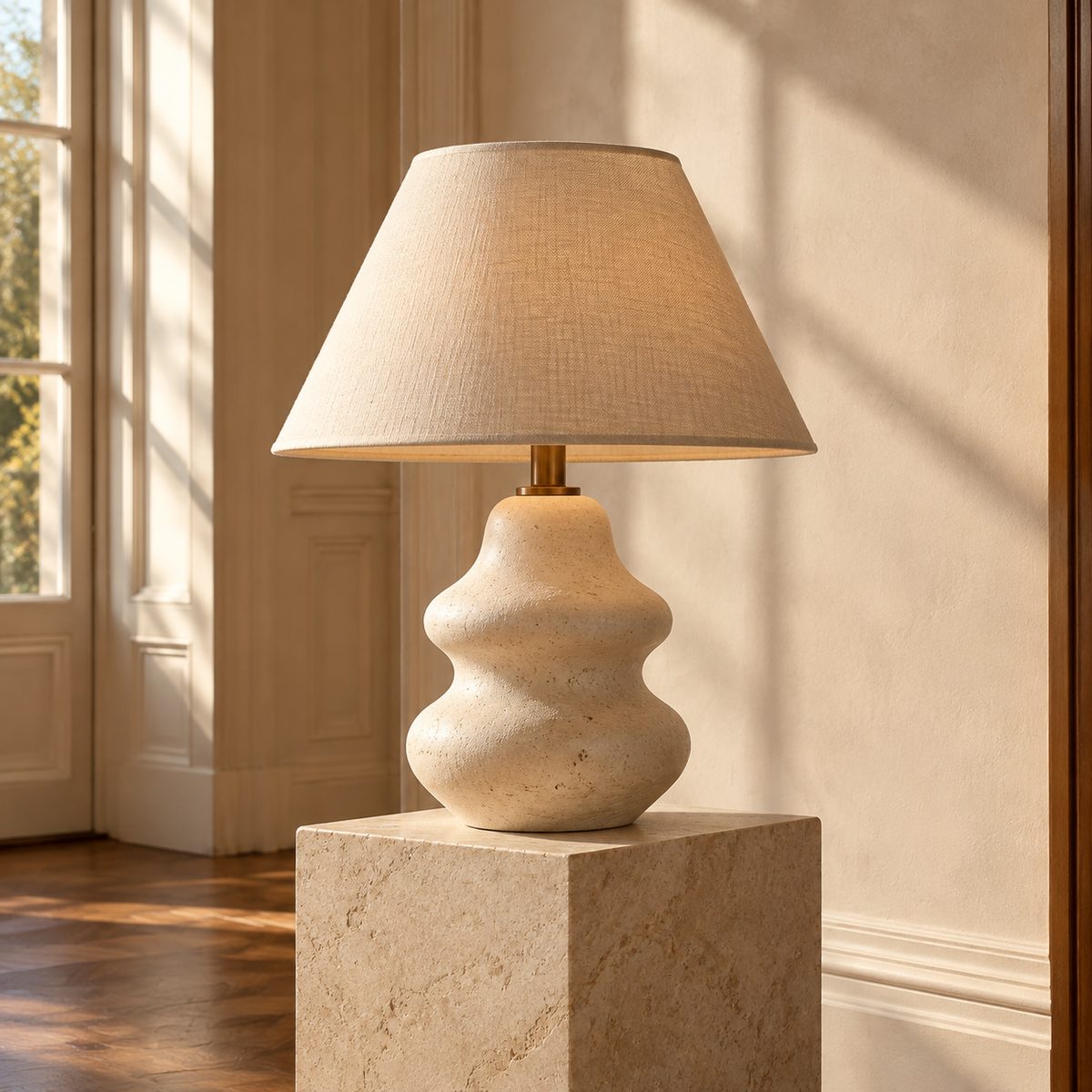 A woven-shade lamp on a limestone plinth.