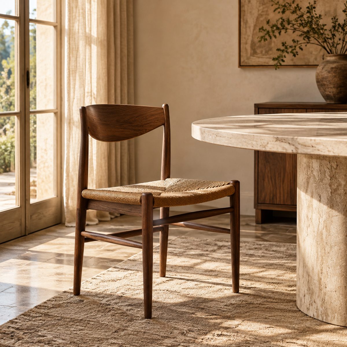 A walnut chair beside a travertine table.