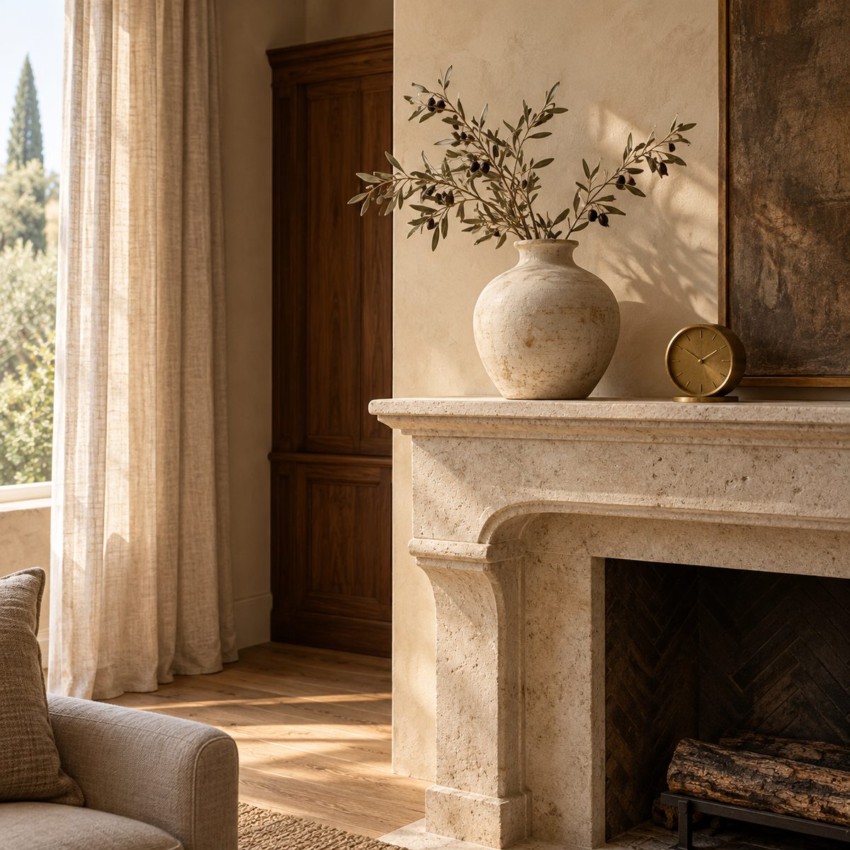 A ceramic vase and a clock on a limestone mantel.