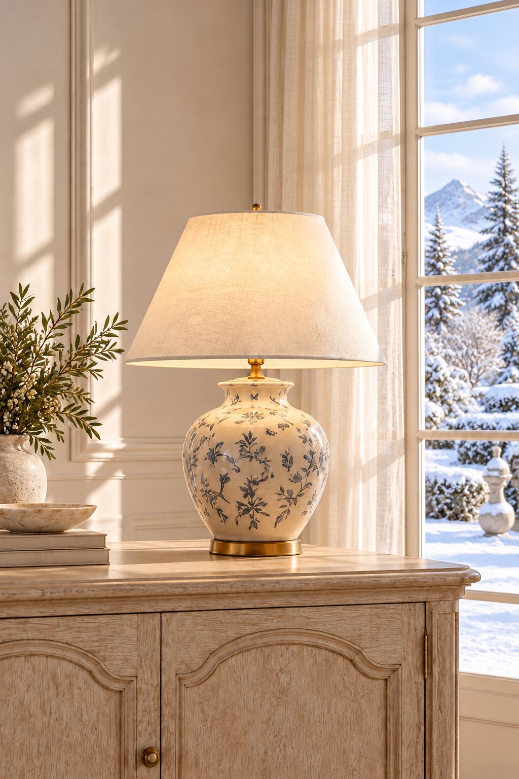 Eine Lampe mit Leinenschirm neben einem hohen Fenster.